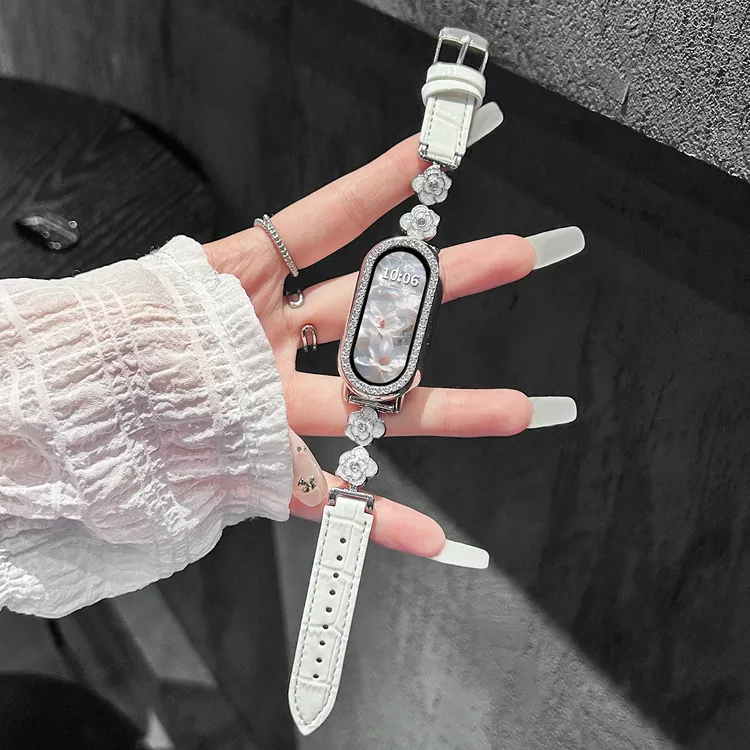 【山茶花】适用于小米手环10表带9山茶花竹节纹皮质7/6/5NFC版腕带