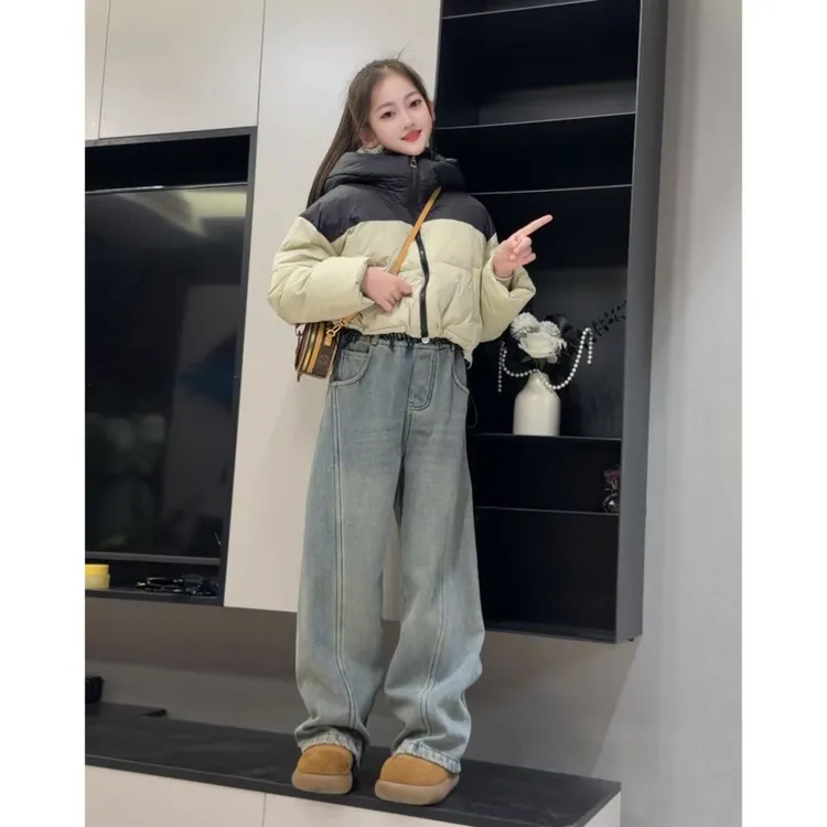 女童冬装2025新款洋气大童加厚短款保暖外套儿童面包服冬季牛仔裤