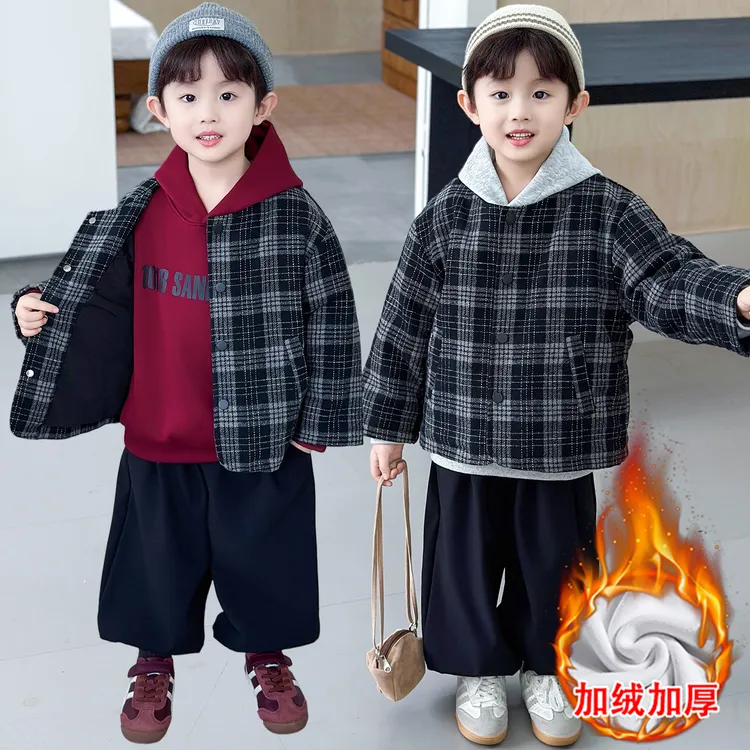 男童加绒套装秋冬季洋气新款儿童韩版加厚棉服外套宝宝冬装三件套