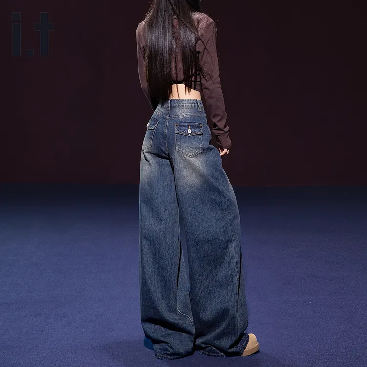 it izzue2025秋季牛仔裤女美式复古宽松阔腿裤百搭做旧直筒拖地裤