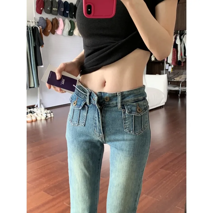 美式复古水洗做旧微喇裤女2025秋季新款修身显瘦遮跨显高牛仔裤子