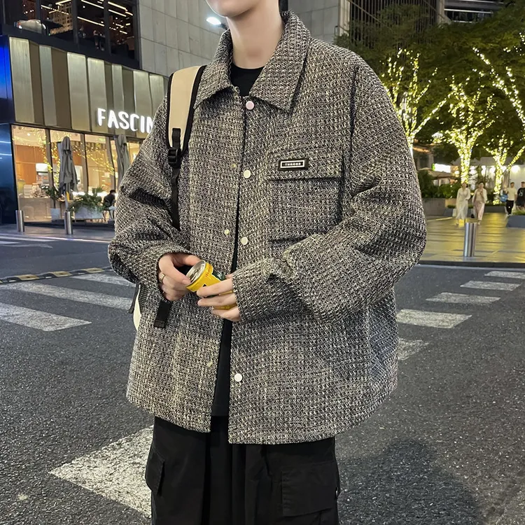 提花外套男新款小香风宽松显瘦休闲翻领工装夹克痞帅大码百搭上衣
