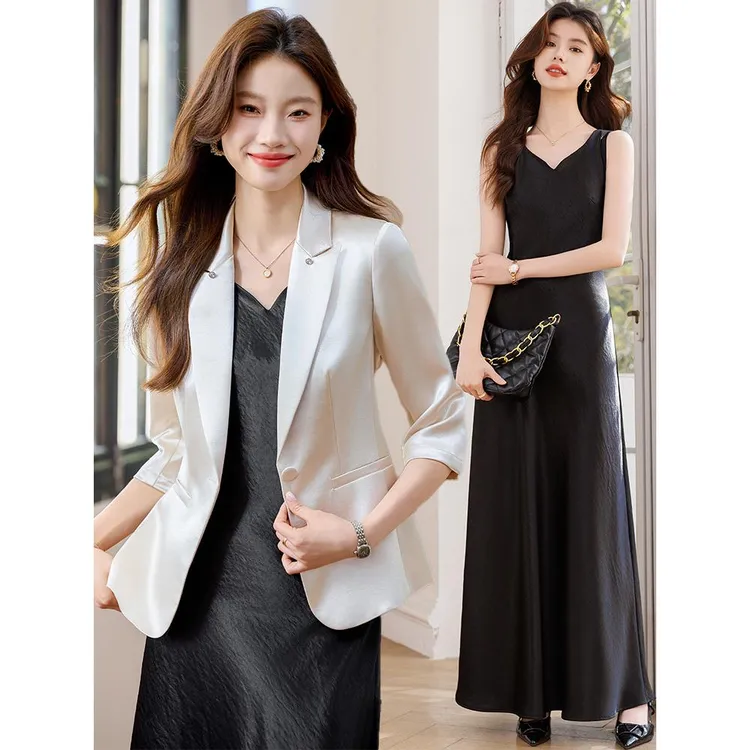 醋酸缎面小西装外套女秋季薄款中袖2025新款高级感七分袖西服上衣