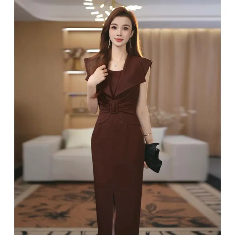 红棕色夏短袖收腰蝴蝶大翻领褶皱气质显瘦西装包臀连衣裙女D2864