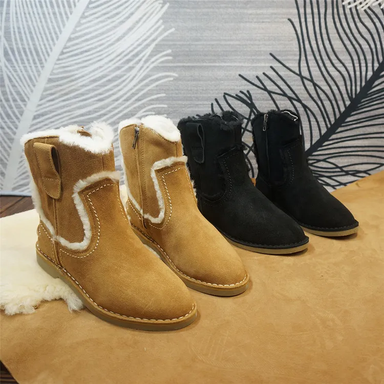 冬季新款真皮牛皮羊毛女士马丁靴侧拉链女靴保暖棉靴低跟靴86-9