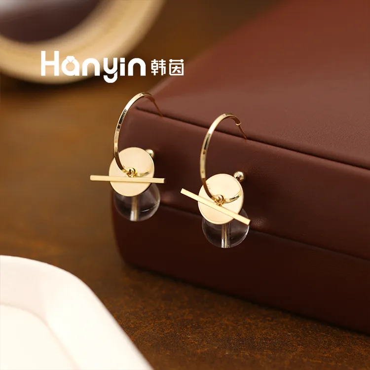 铜合金仿水晶耳饰 925银针极简通透韩版气质大气一字型珠珠耳钉