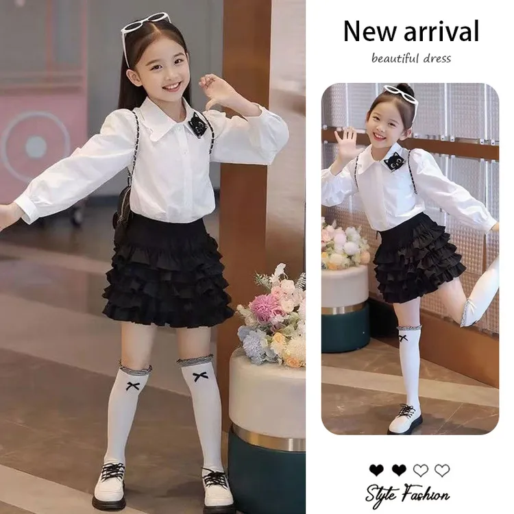 儿童服装春秋新款中大童公主风长袖衬衫蛋糕裙洋气春季可爱套装