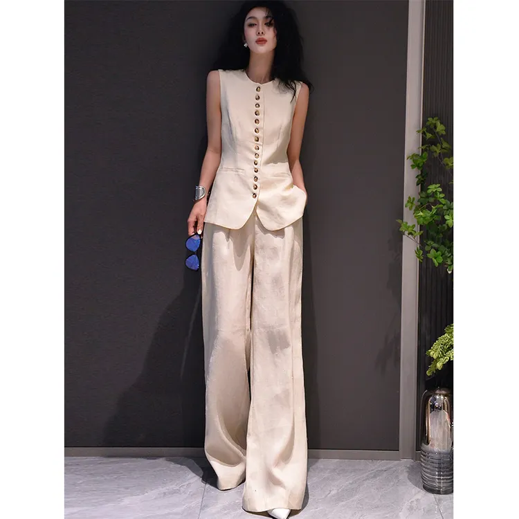 御姐轻熟套装女夏季时尚高级感老钱风松弛感西装马甲阔腿裤两件套