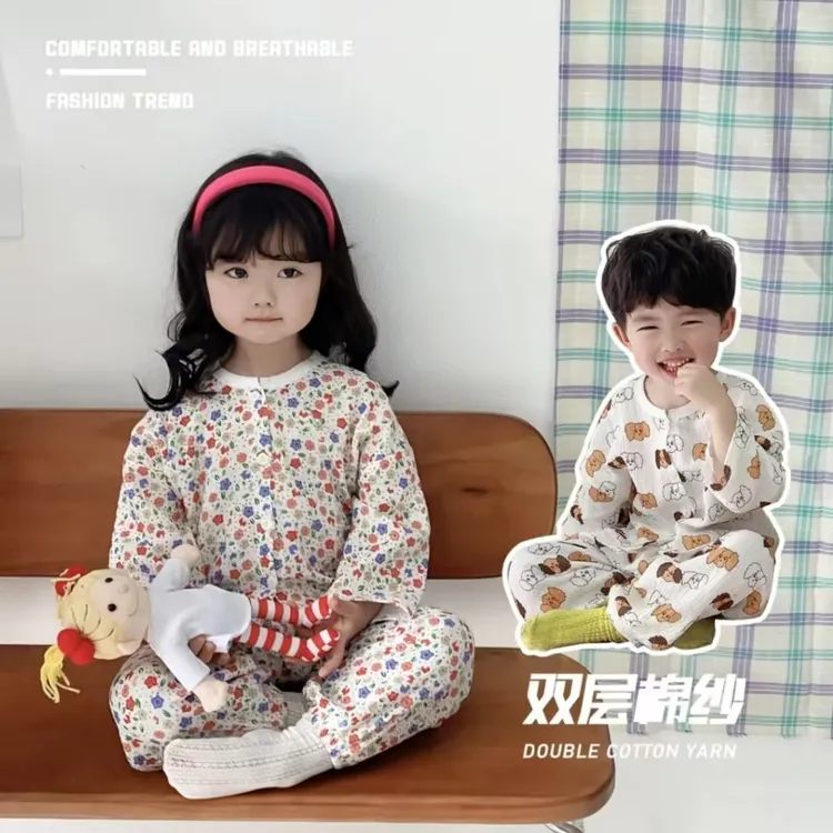 儿童家居服套装夏季男童女童棉纱双层棉纱开衫长袖空调服