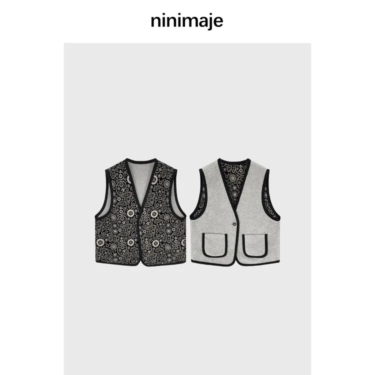 NanBeiBei  一粒扣复古花纹撞色马甲 7470