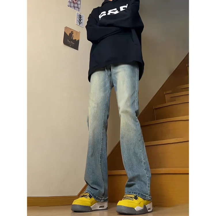 复古蓝弯刀微喇牛仔裤男秋季美式高街vibe裤子修身显高窄版直筒裤