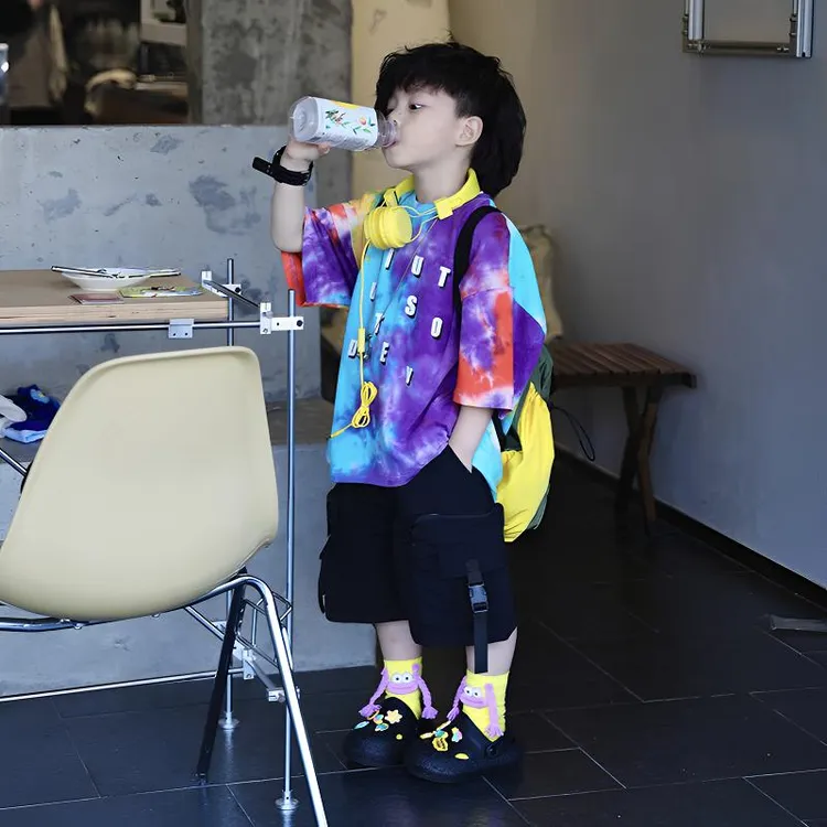 夏季新款2025【彩色冰淇淋】夏季新款儿童多彩扎染撞色晕染短袖T恤