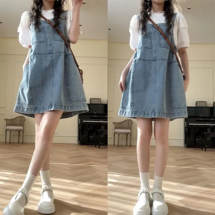 小个子减龄时尚韩版宽松休闲多口袋腰侧松紧可调节牛仔背带裙女