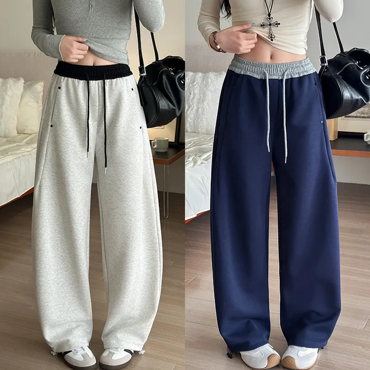 撞色拼接卫裤女2025秋季新款高腰抽绳休闲宽松阔腿弯刀休闲运动裤