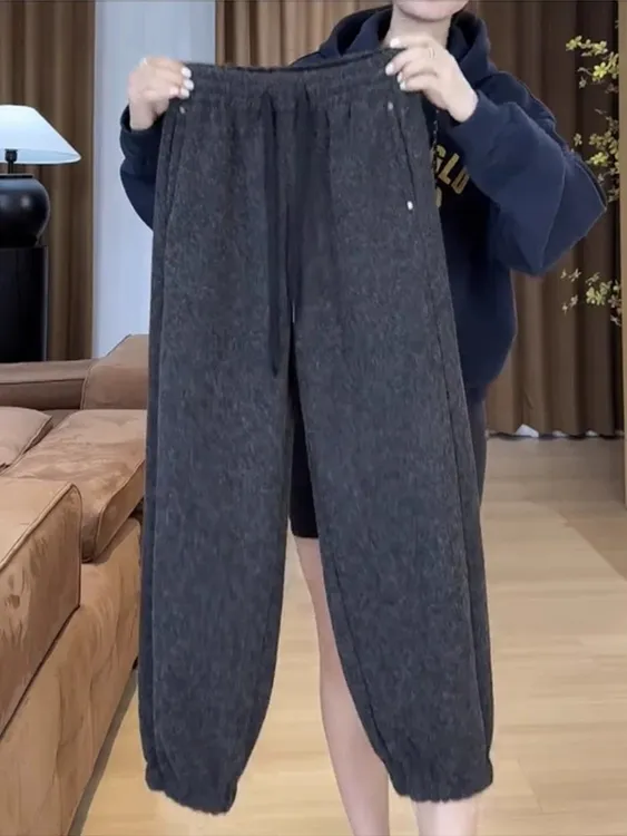 加绒束脚裤秋冬哈伦裤休闲风休闲裤高腰微弹梨型身材卫裤宽松版