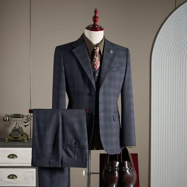 高级感黑色格子西装三件套男士婚礼主持商务宴会礼服休闲大码西服