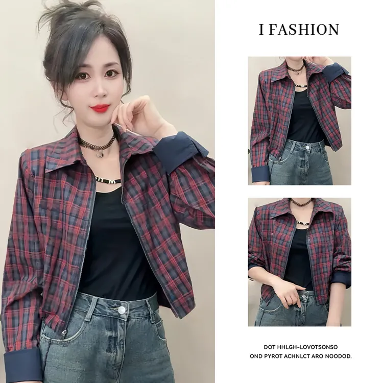 韩系复古设计感长袖衬衫女2025年春秋新款宽松显瘦格子撞色外套