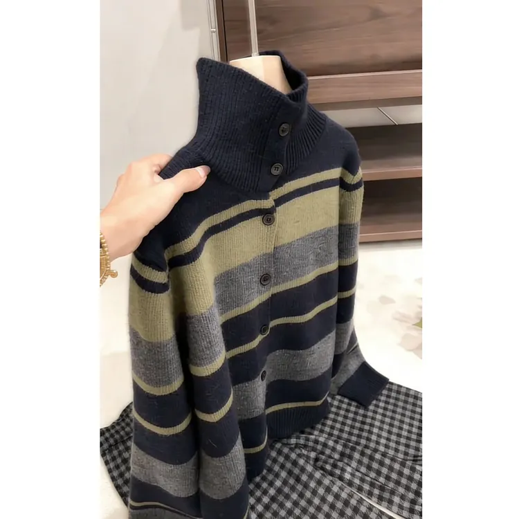 超好看半高领毛衣女秋冬2025新款韩系宽松针织衫时髦条纹打底上衣