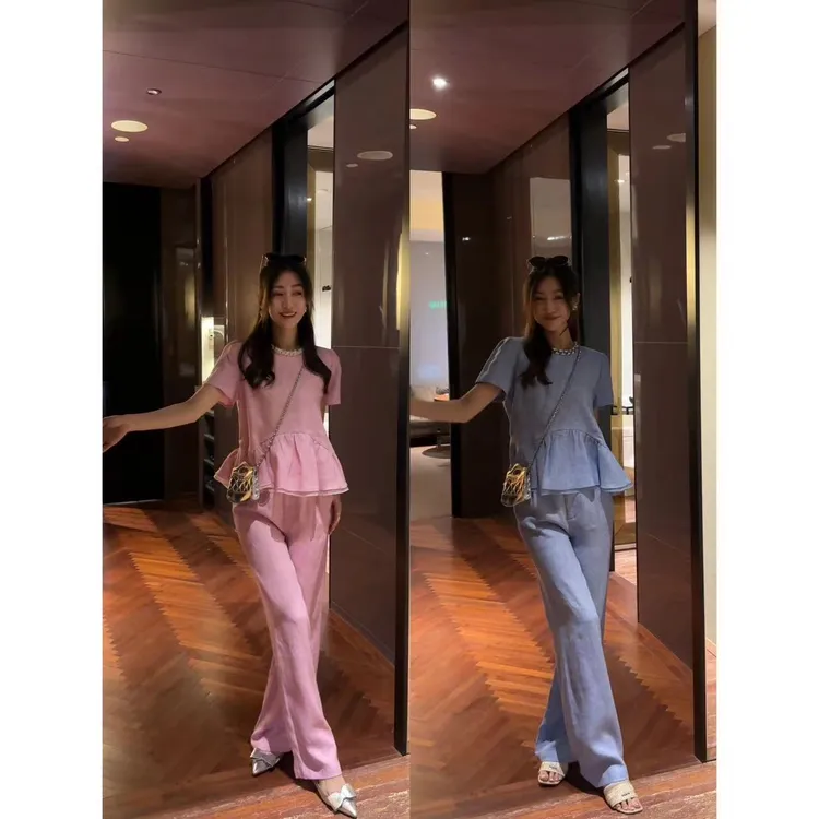 W·HAHA【粉妆玉琢】肌理感舒适100亚麻宽松两件套79398