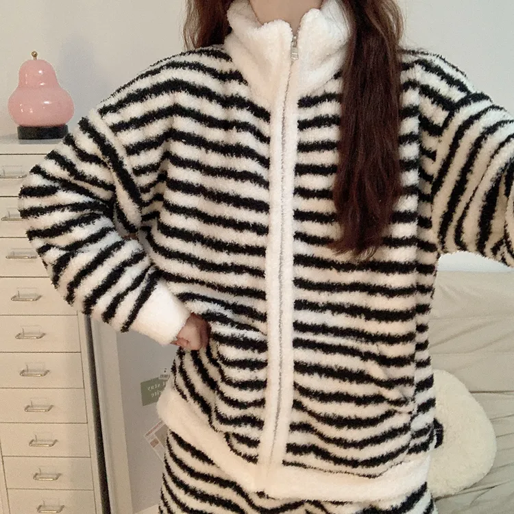 【加绒加厚】珊瑚绒睡衣女款秋冬季韩系风拉链法兰绒保暖家居服套装