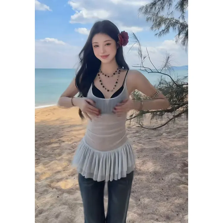 【B Y】辣妹风春夏季性感纯欲时尚镂空长袖上衣打底内衣修身长裤女