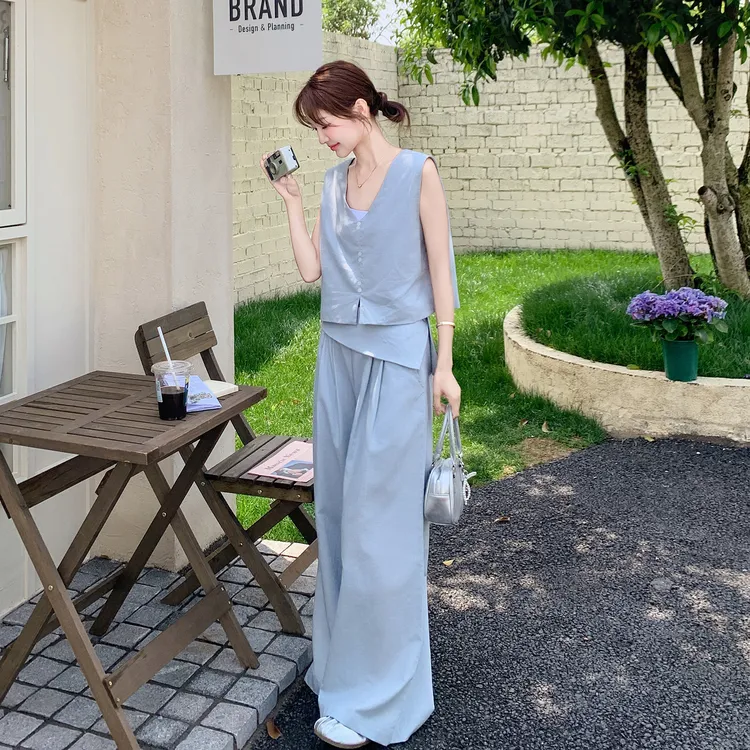 蓝色无袖背心阔腿裤套装女2025初夏ootd穿搭高级感宽松休闲两件套