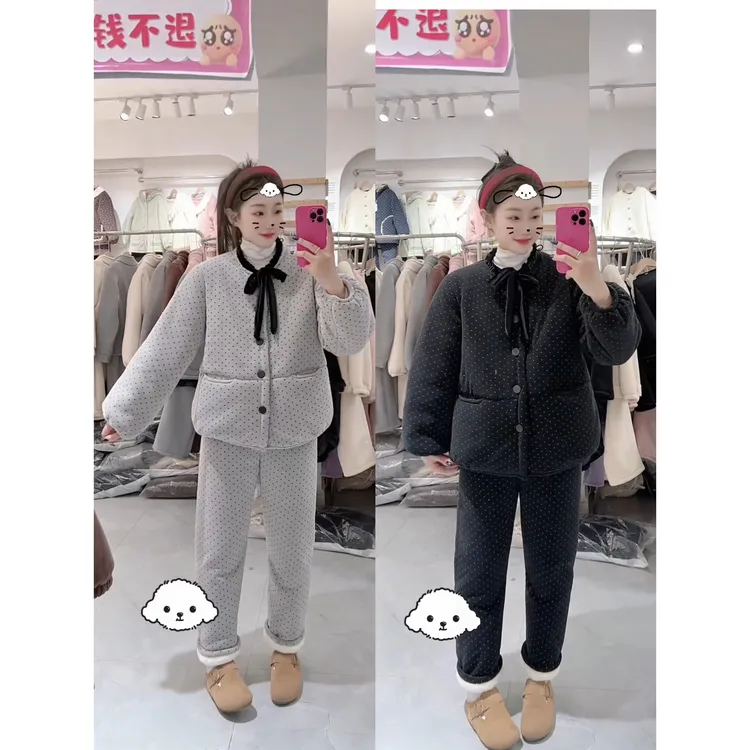韩版三层夹棉睡衣女冬季新款加厚面包款棉服保暖家居服套装可外穿