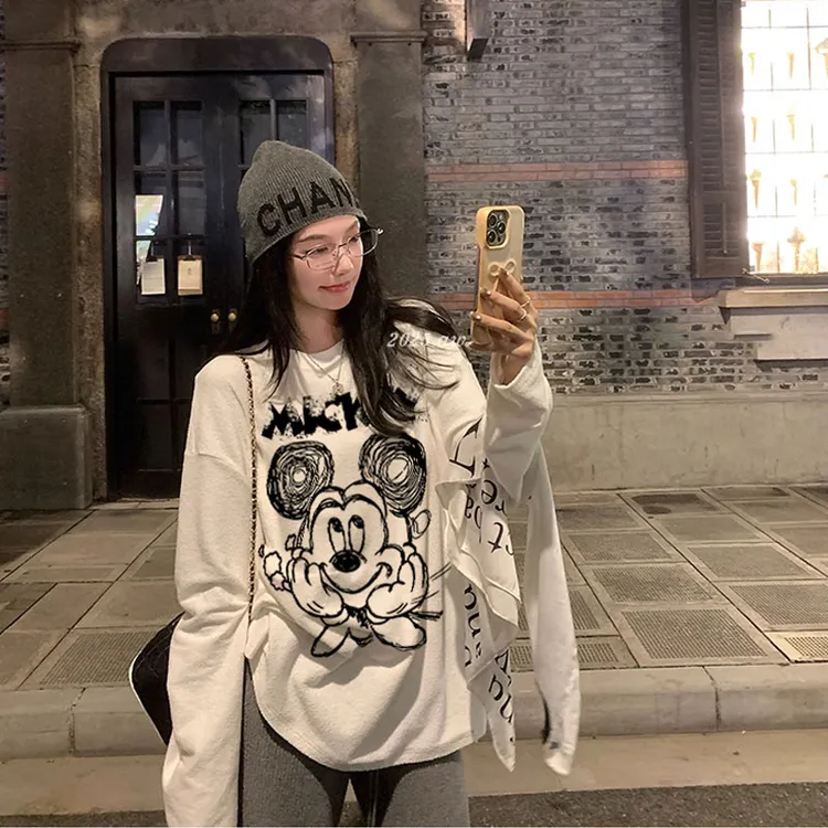 米奇前后图案潮牌百搭休闲t恤上衣洋气女装纯棉长袖情侣装半袖衫