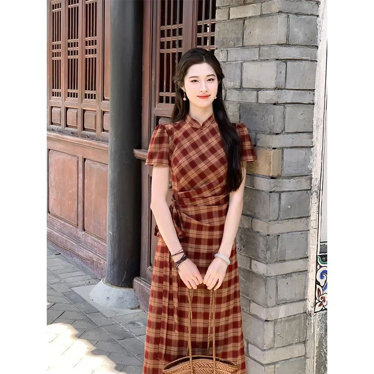 凌茜【暮釉吟】国风新中式红格系带裙气质优雅端庄显瘦收腰春夏旗袍