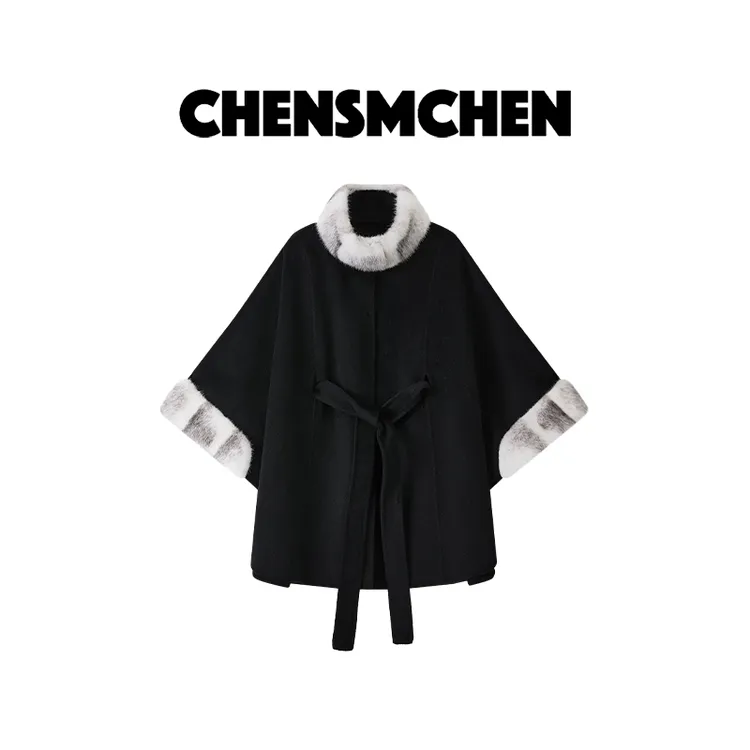 CHENSMCHEN 黑十字貂拼接羊绒大衣女装秋冬优雅气质外套CSD9211QQ