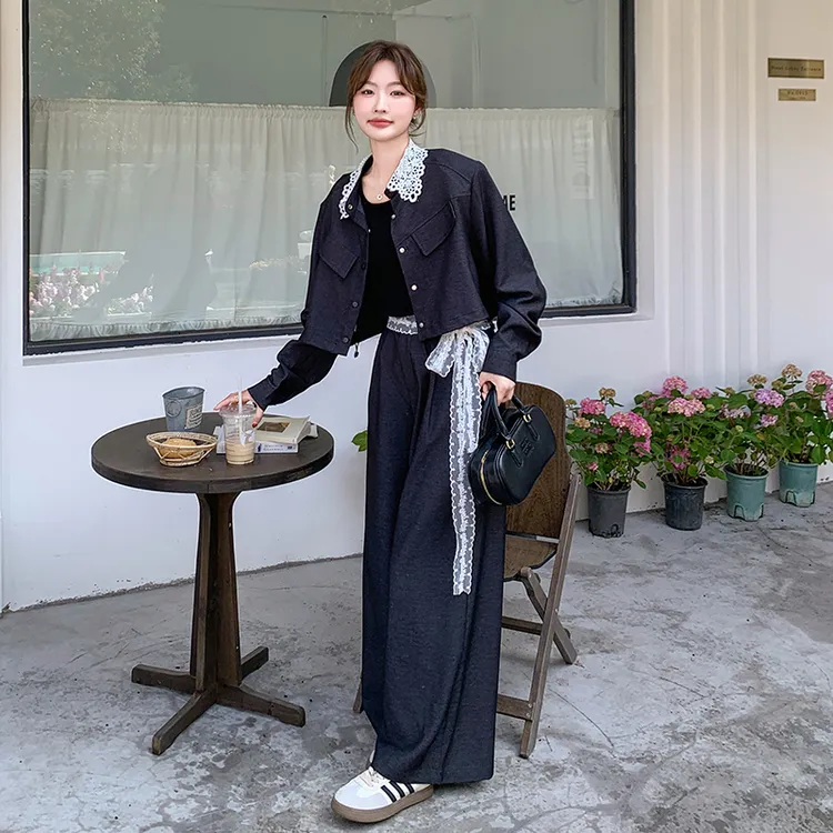 复古牛仔套装女早秋新款巨好看韩系蕾丝拼接短外套阔腿裤两件套