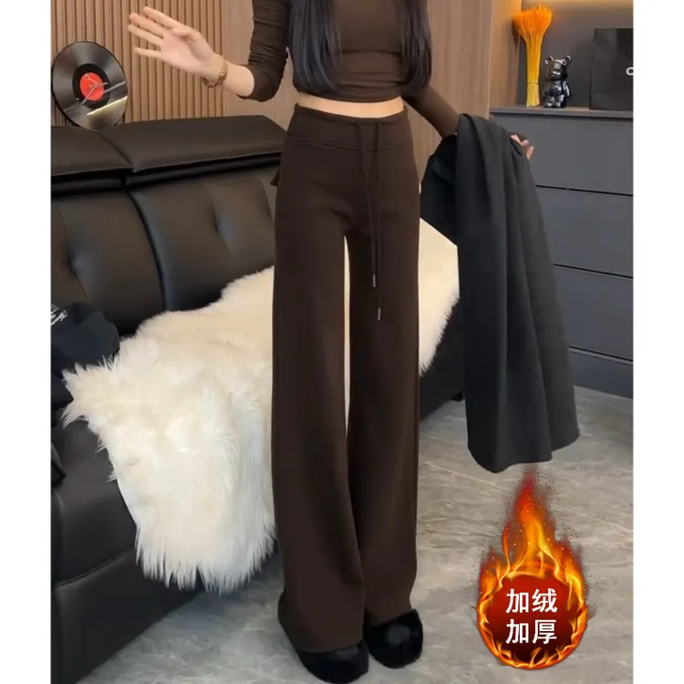 Aimeerosa/艾洛莎冬季加绒慵懒风简约休闲裤女抽绳显瘦时尚直筒裤