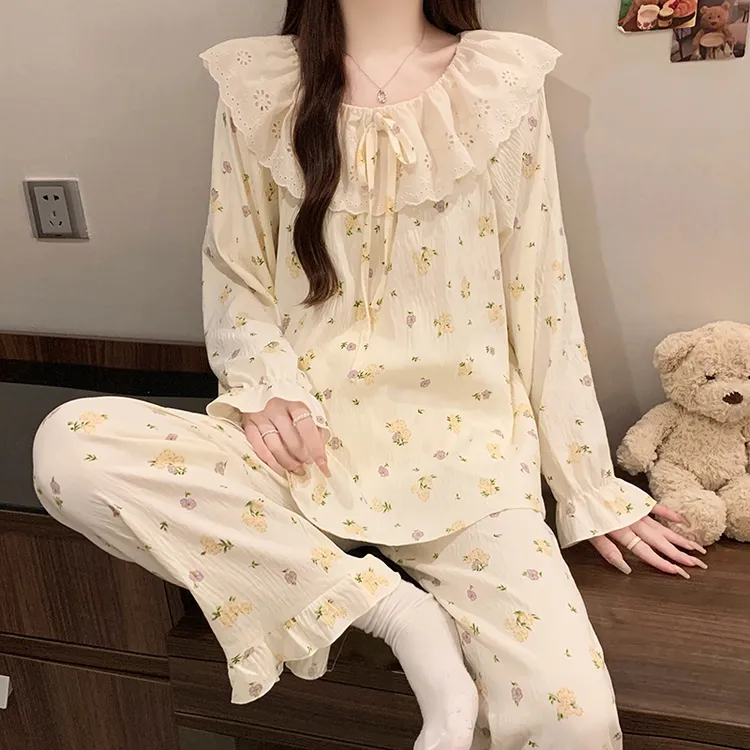 可爱娃娃领睡衣女款春秋季长袖甜美云朵棉纱大码公主风家居服套装