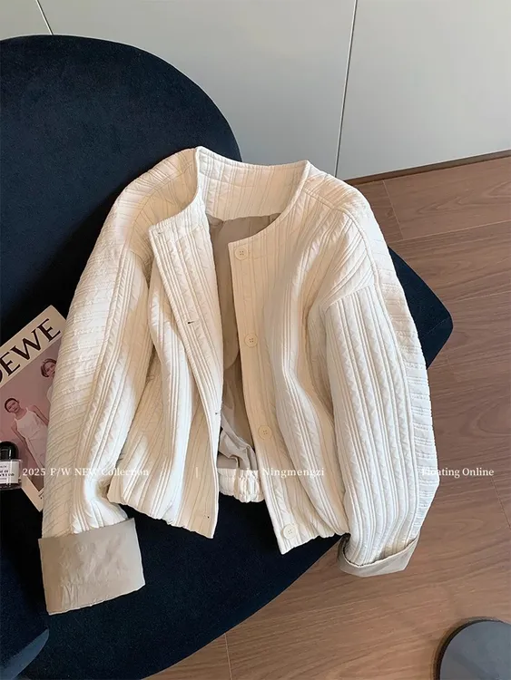 白色坑条肌理感棉服外套女2025年秋冬新款洋气时髦休闲百搭上衣韩