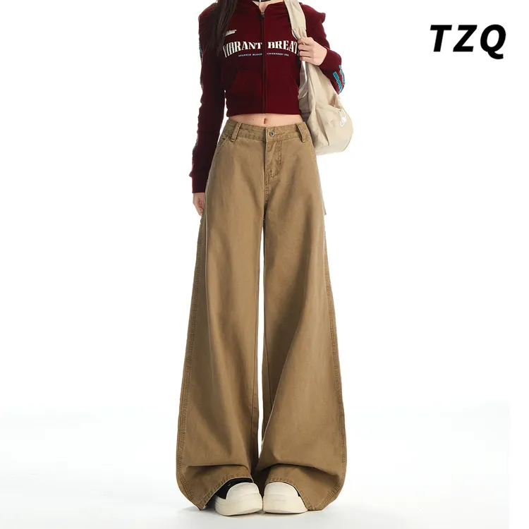 卡其色宽松工装牛仔裤女2025年秋季新款直筒百搭阔腿裤TZQ2583039