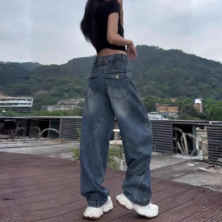 早秋新款美式洋气复古百搭设计感遮肉显瘦高腰宽松直筒阔腿牛仔裤