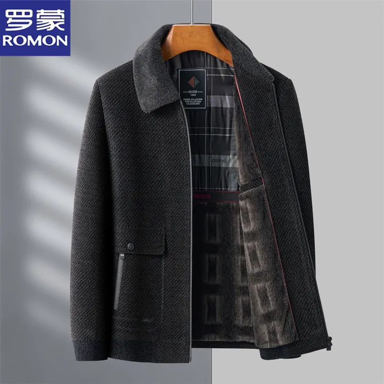 罗蒙男士雪尼尔外套秋冬季加厚保暖翻领中青年帅气拉链毛呢外套男