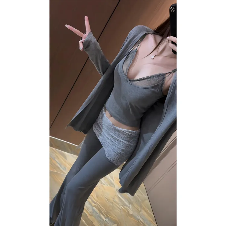 纯欲灰色蕾丝假两件拼接吊带上衣蕾丝开衫外套吊带阔腿休闲喇叭裤