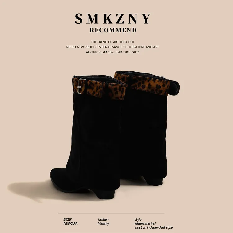 黑色坡跟马丁靴女款2025新款秋季百搭豹纹骑士靴显瘦皮带扣中筒靴
