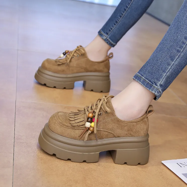 厚底流苏系带单鞋女2025年秋季新款小个子增高休闲波西米亚松糕鞋