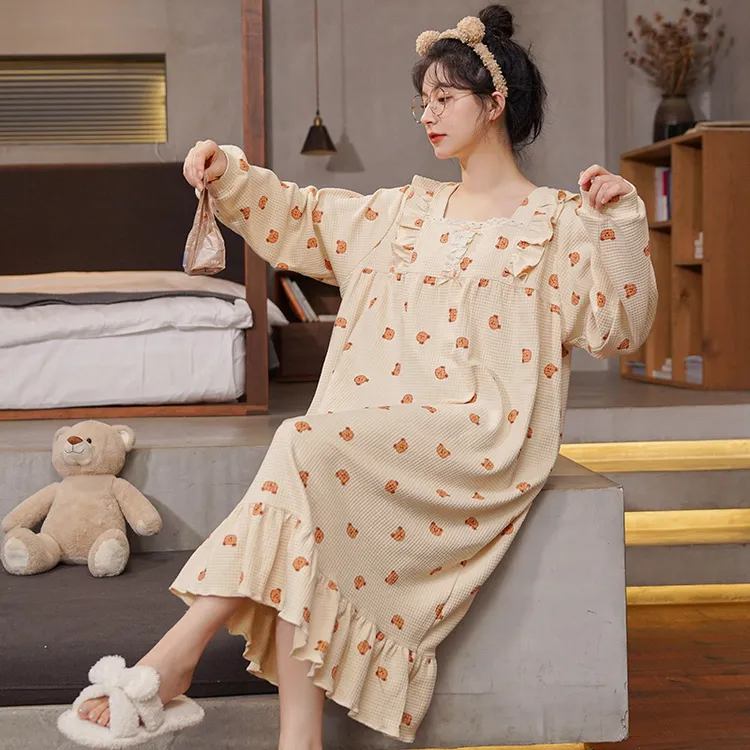 睡裙女春秋款棉质长袖2025年新款睡衣春夏季甜美裙家居服外贸