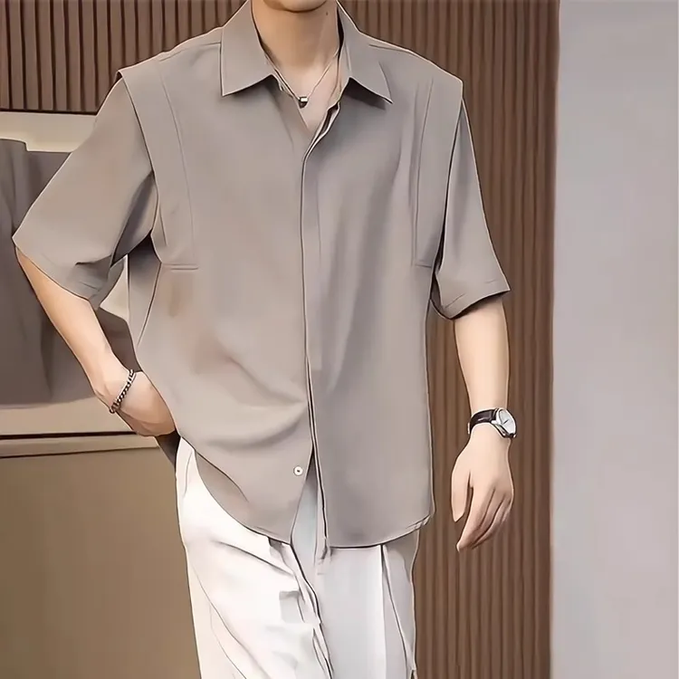 高级垂感冰丝短袖衬衫男夏季新款半袖上衣韩版潮流纯色中袖衬衣服