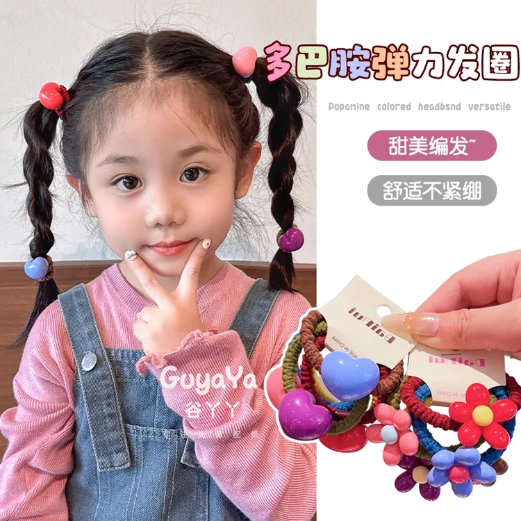 儿童彩色花朵发圈女童高弹力不伤发扎马尾皮筋头绳多巴胺发绳发饰