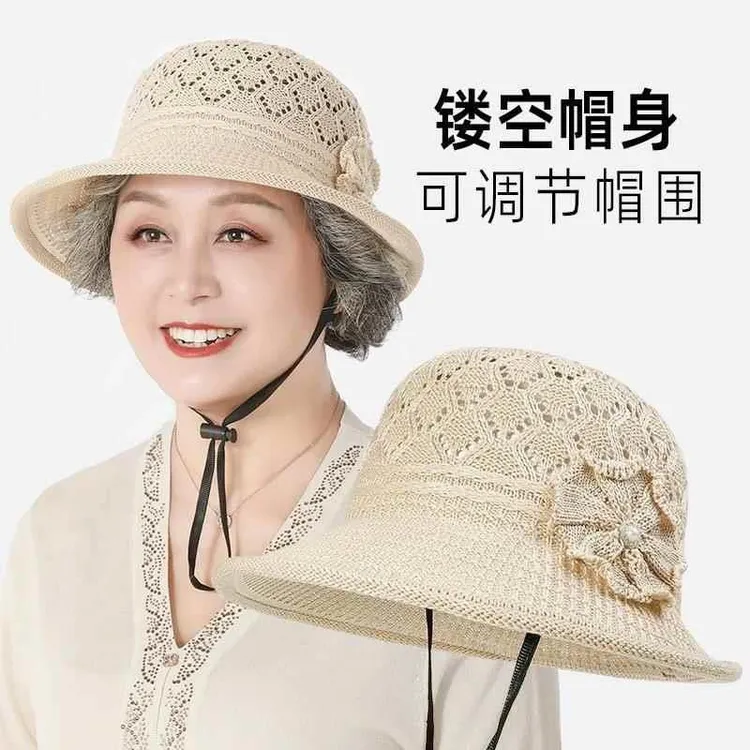 花朵渔夫帽中老年帽子女薄款夏季透气防晒遮阳帽圆顶礼帽妈妈户外