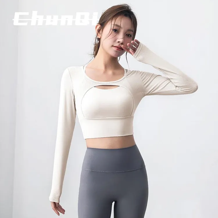 维多利亚瑜伽服女性感假两件运动上衣带胸垫长袖普拉提训练健身服