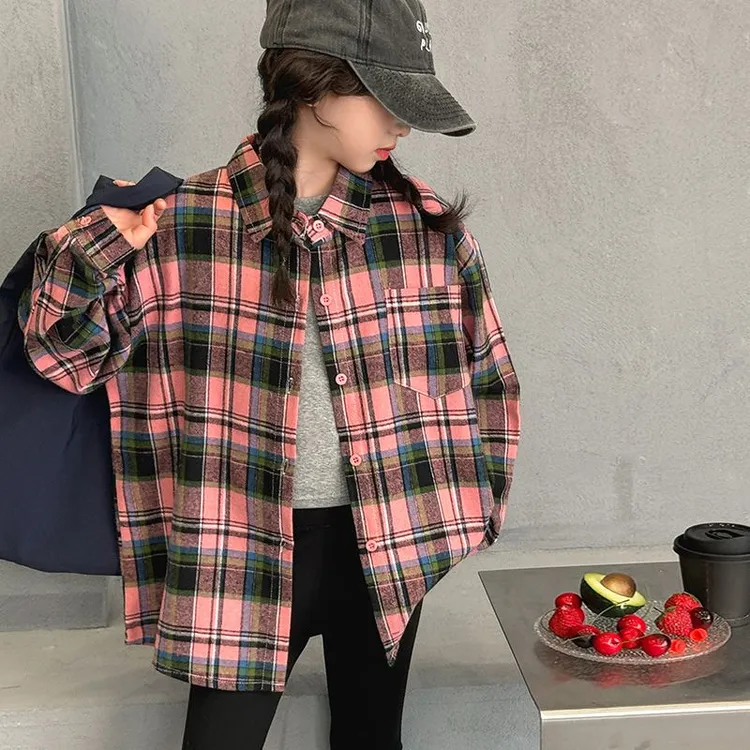 女童衬衫2025春季新款儿童粉色格子上衣春秋款格纹中大童长袖外套
