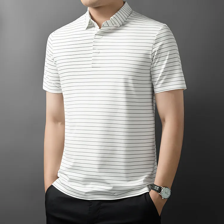 夏季男短袖中年Polo衫高端新款条纹商务休闲冰丝半袖T恤男上衣服