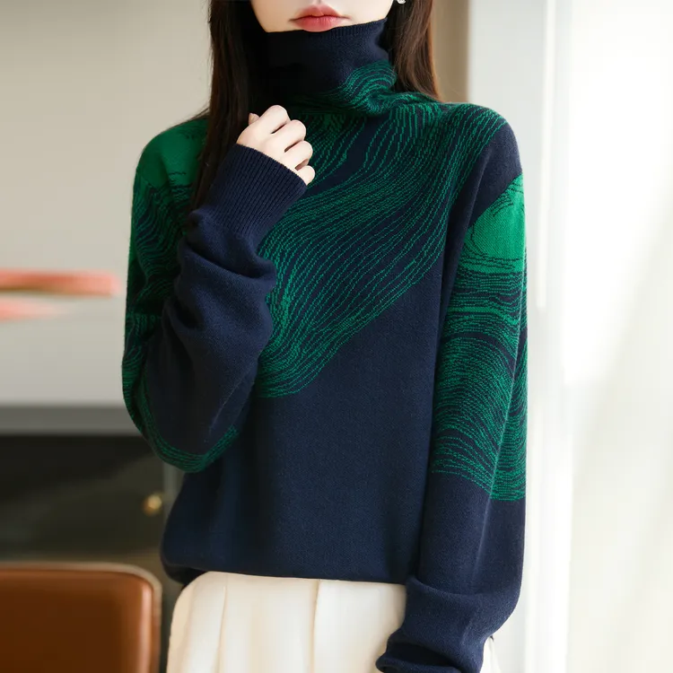 哥弟阿玛施正品时尚洋气线条提花针织衫长袖堆堆领羊毛衫新款气质