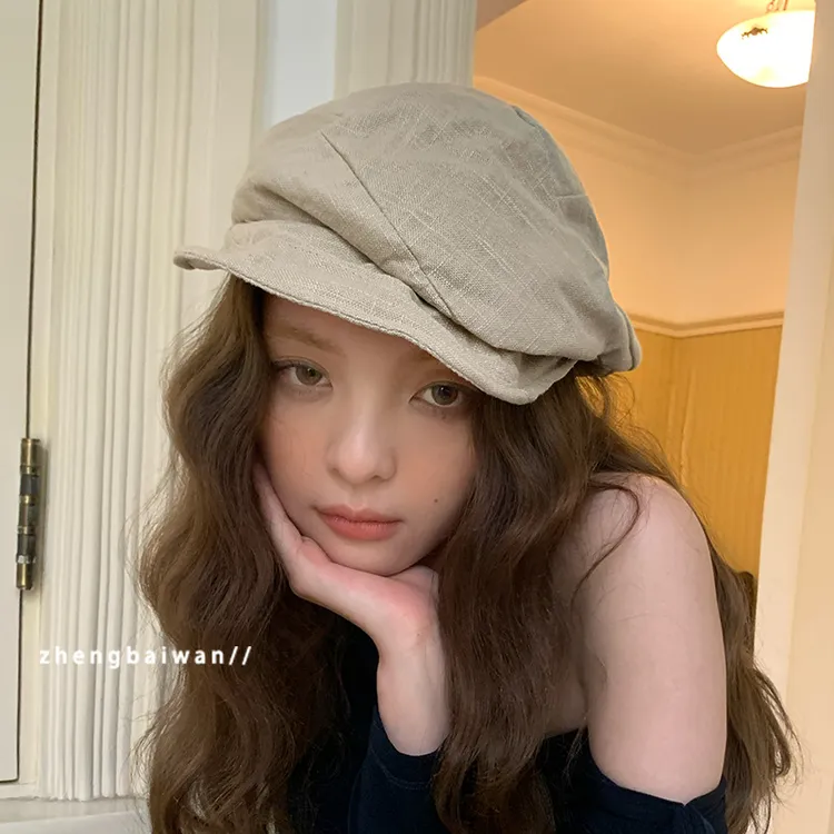 阿媛品质松弛感亚麻透气大头围贝雷帽子显脸小女春夏新款褶皱报童