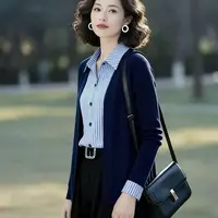 新款假两件上衣女时尚百搭小衫洋气减龄条纹衬衫#22123